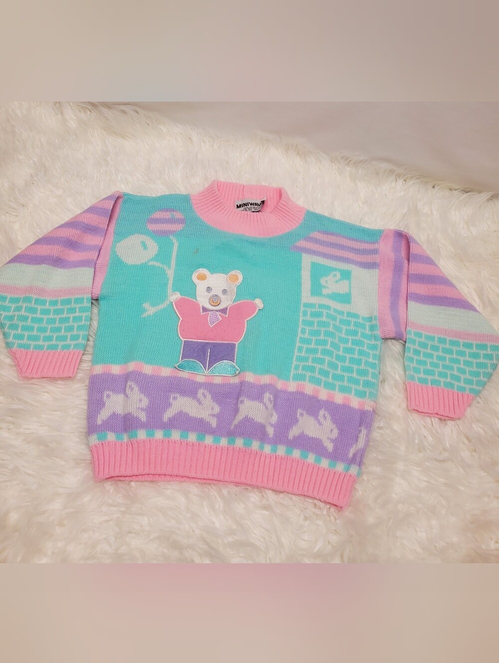 Vintage rare miniwave sweater, pink blue with bear and rabbits, y2k VTG 80s kids